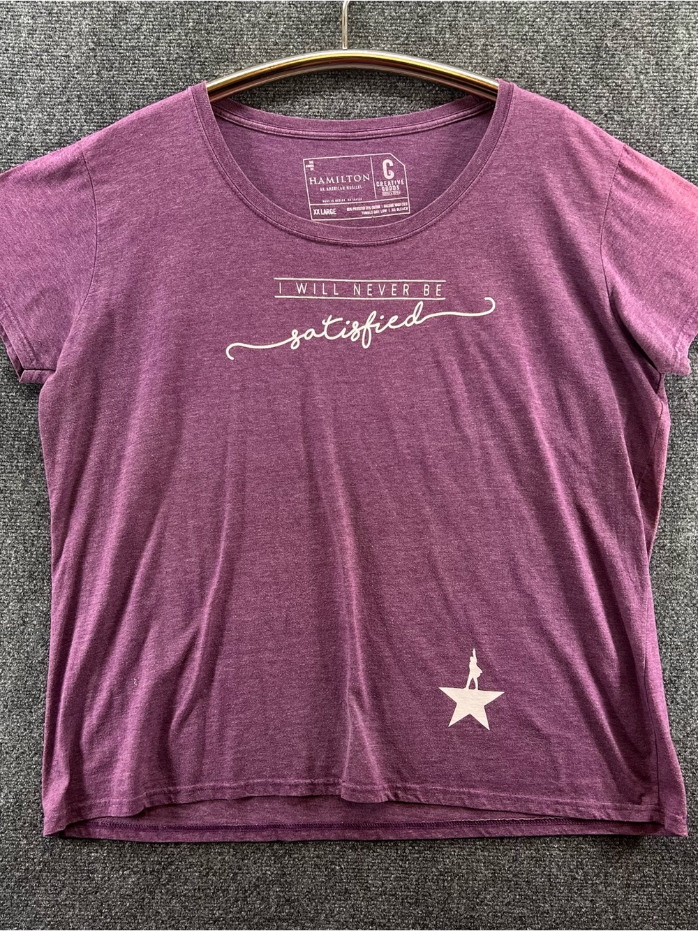 Hamilton Musical Graphic T-Shirt Womens 2XL 'Never Be Satisfied' Purple Official